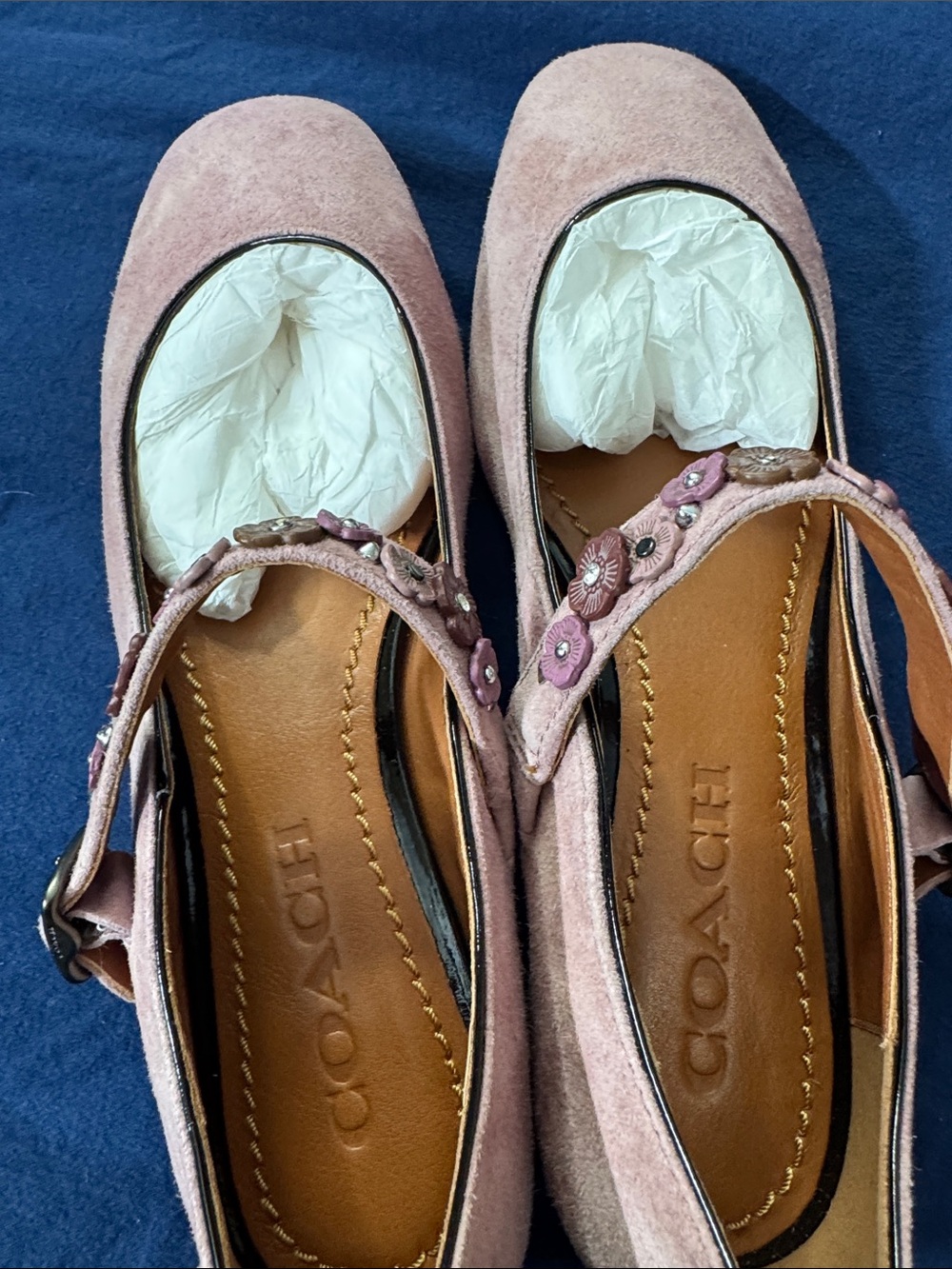 Coach Pink Suede Mary Jane Flats with Floral Strap - Picture 5 of 5